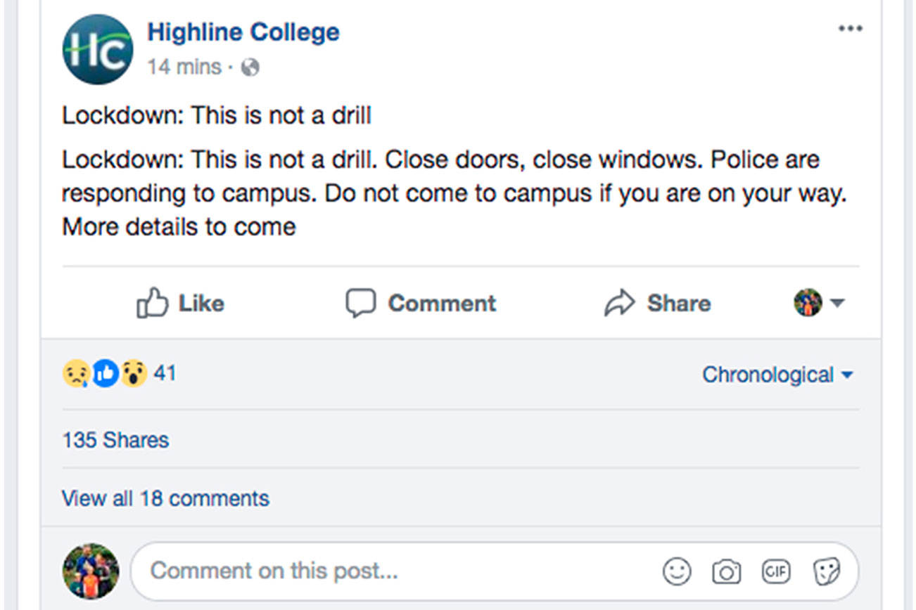 Screenshot of a post from Highline College Facebook page at 9:25 a.m. Feb. 16, 2018.