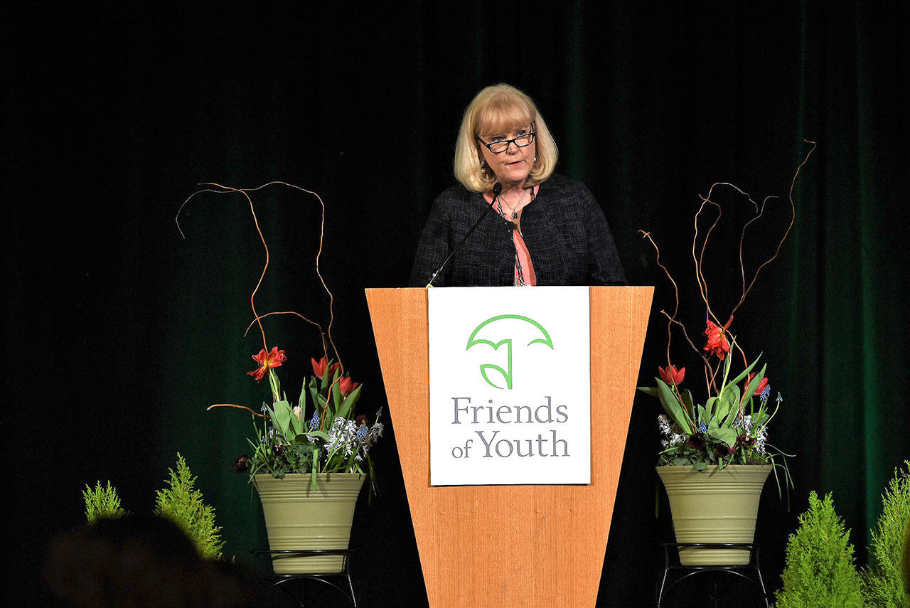 President and CEO Terry Pottmeyer addresses the crowd at the 13th annual Celebration of Youth luncheon. Photo courtesy of Friends of Youth
