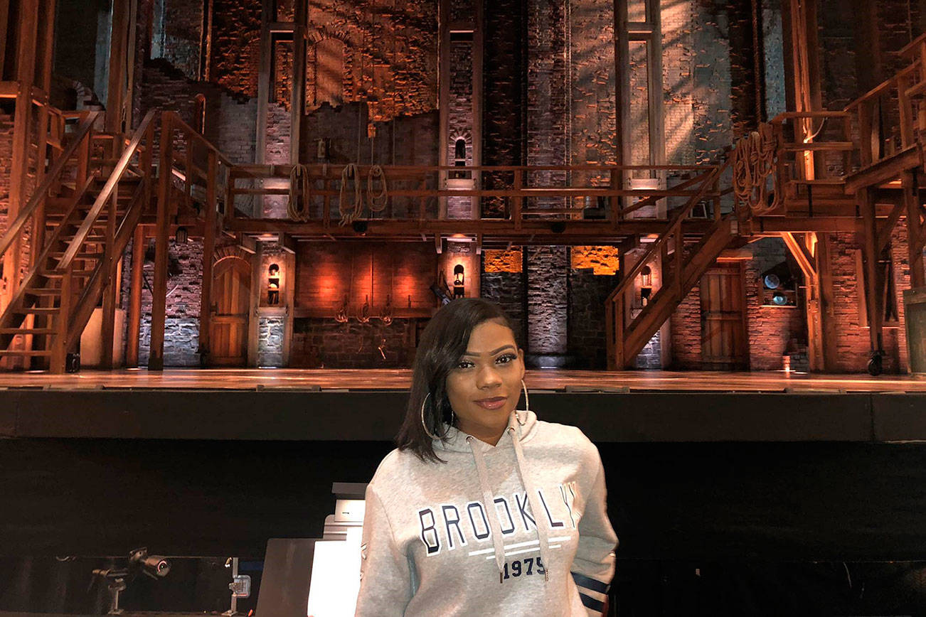 Nia Campbell, a senior at Talley High, presented her poem “Dear Peter (A Letter from Rachel Faucet)” before a recent matinee performance of Broadway musical Hamilton. She was one of the 15 chosen high school performers to present her piece. COURTESY PHOTO
