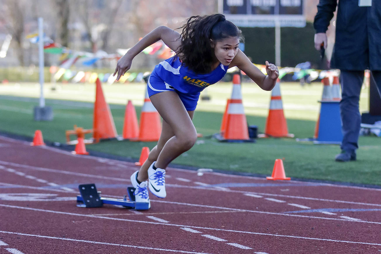 Hazen freshman Giselle Guevara competes in the 400 meter during the March 15 meet against Kentlake. Photo courtesy of Judah Wong
