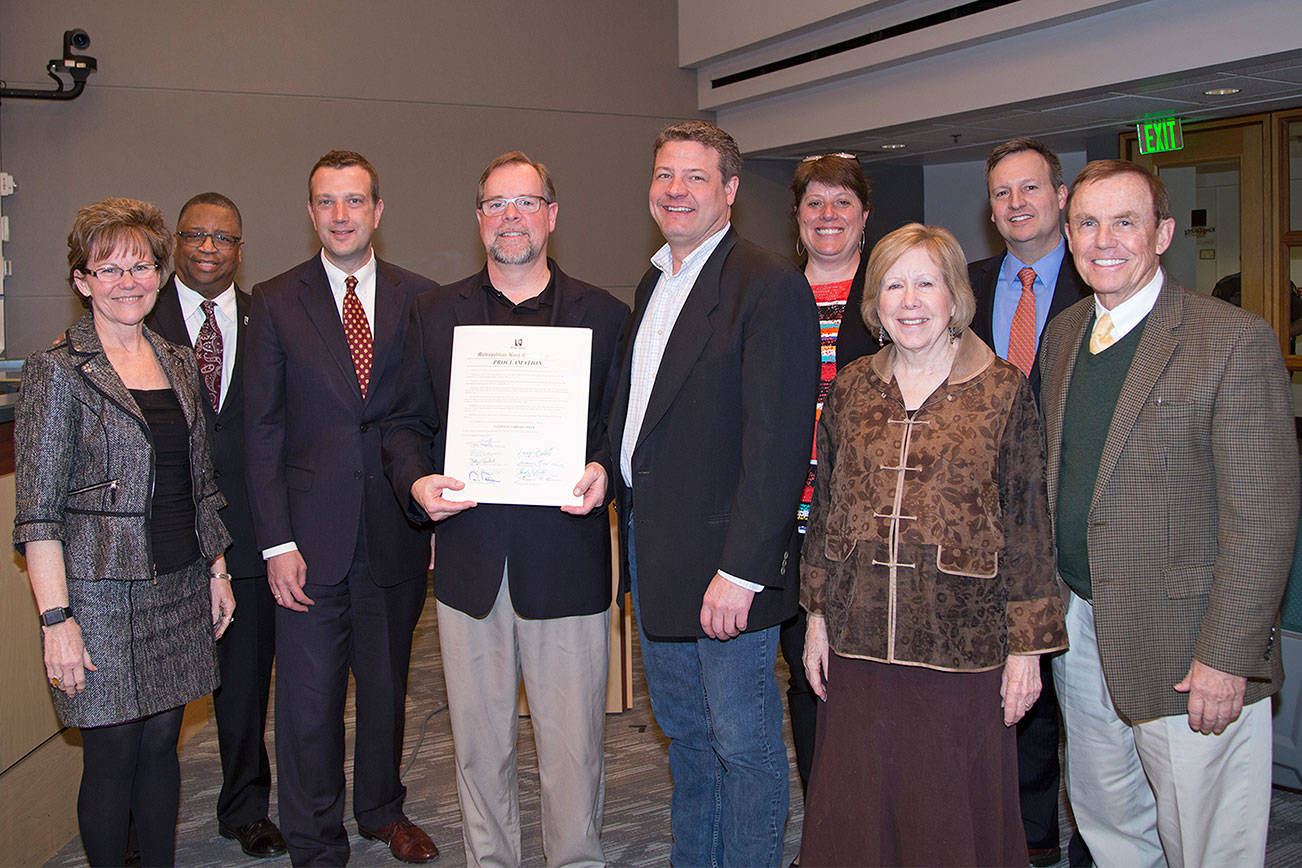 Councilmembers are joined by John Sheller, the Government Relations Manager for the King County Library System, after the Council declared April 8-14 as “National Library Week” in King County. Courtesy photo