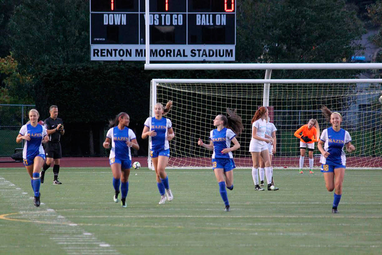Hazen soccer celebrates after scoring its first goal of the night. The Highlanders went on to beat Mount Rainier 4-0. Photo courtesy Kevin and Jerelyn Kjellson.