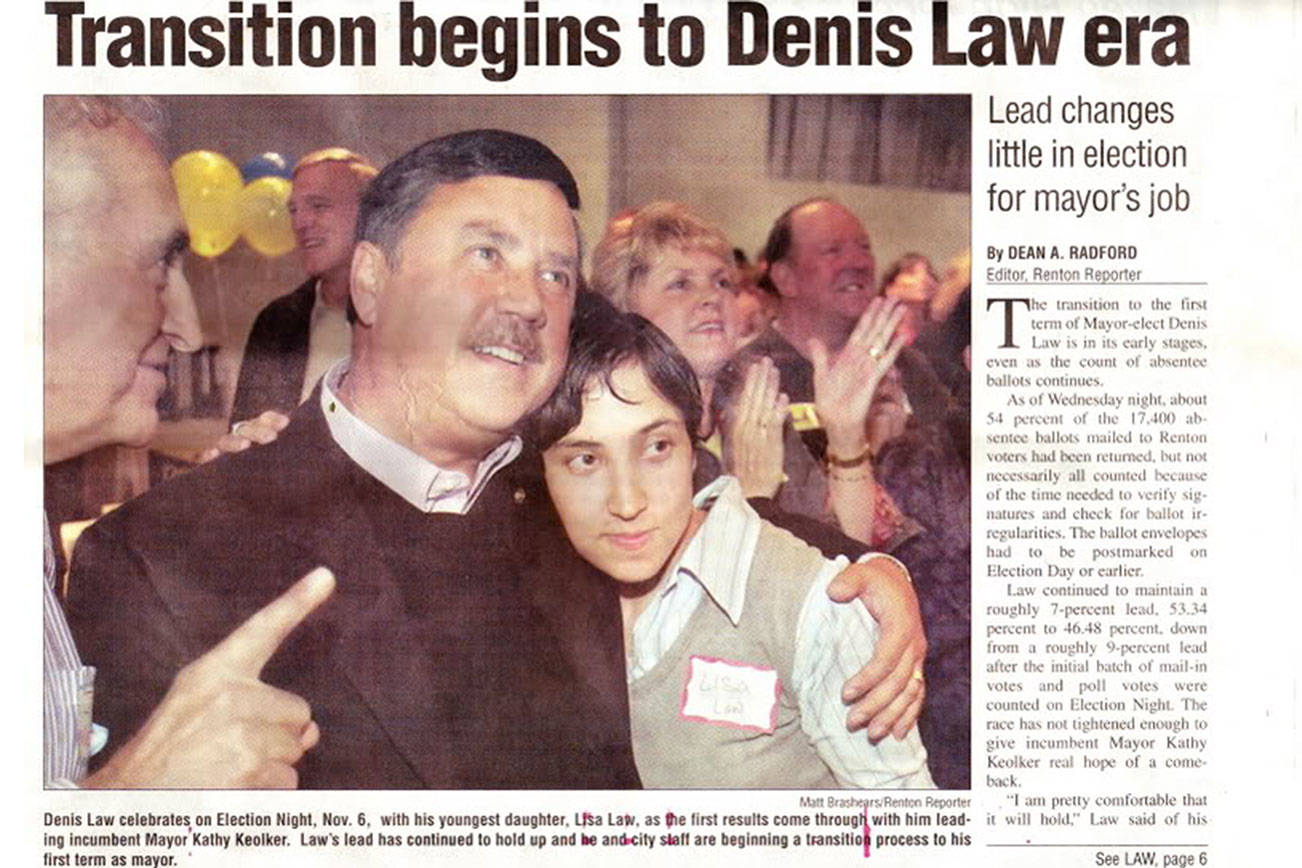 A clip of the Renton Reporter when Law was leading votes for the mayoral election in 2007. Law is now serving his third, and final, term as mayor.