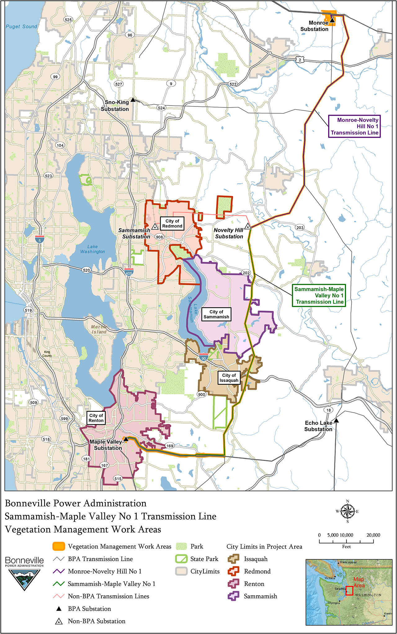 A map of the transmission lines which Bonneville Power Administration is planning on clearing vegetation from. From Bonneville Power Administration