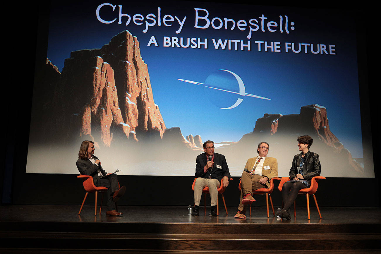 Photo courtesy of Museum of Flight. The Question and Answer session after a screening of “Chesley Bonestell: a Brush with the Future” held Sunday. Aug. 25, 2019 at the Museum of Flight. Left to right: Museum of Flight public programs manager and moderator Cale Wilcox, documentary filmmaker Douglass Stewart Jr., film participant Benedict Heywood and co-editor, Renton-raised Kristina Hays.