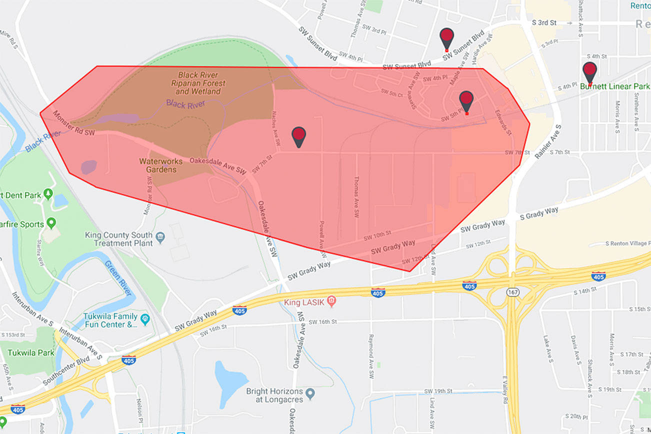 Courtesy of Puget Sound Energy. The red indicates the areas impacted by the outage.