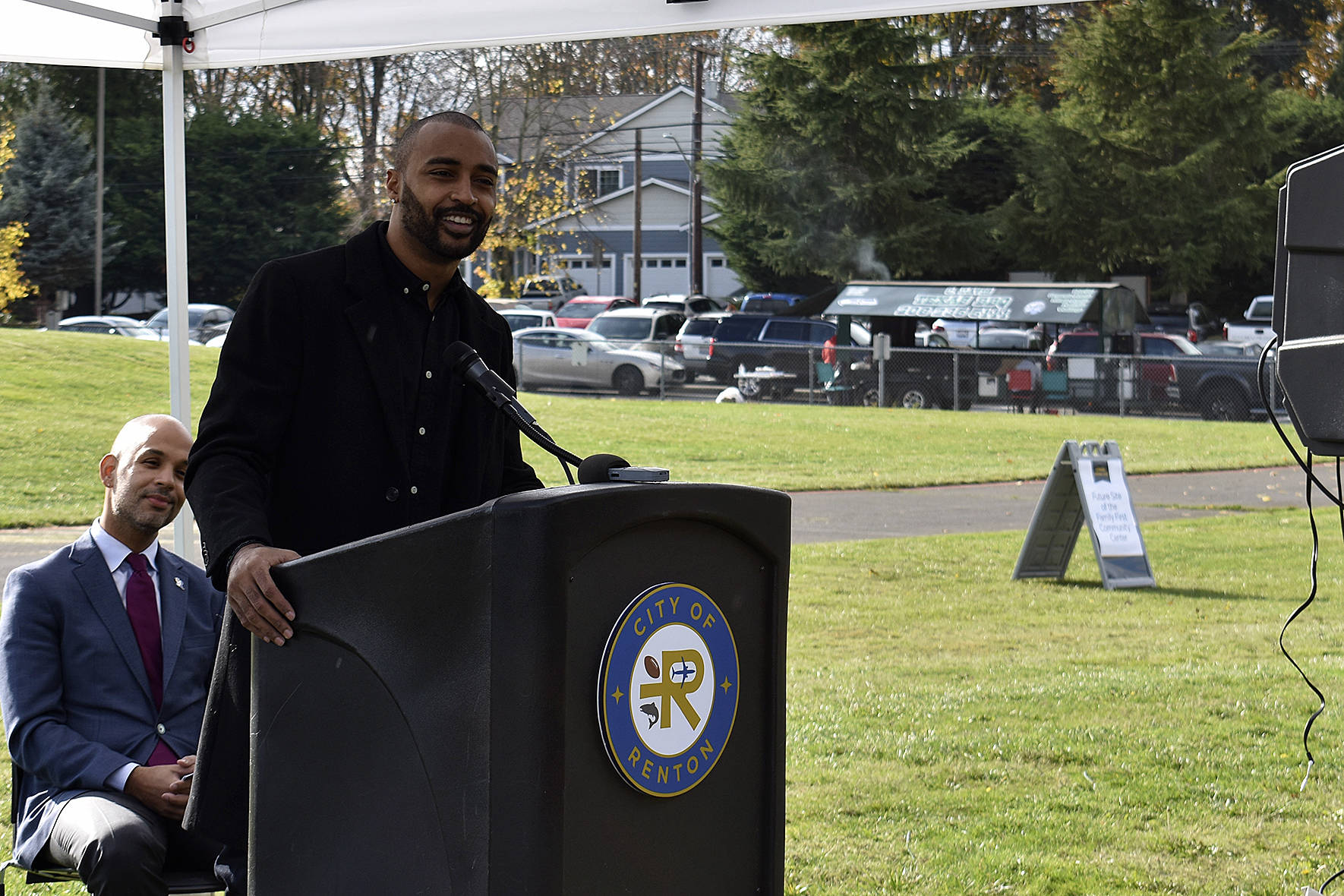 Photo by Haley Ausbun. Doug Baldwin speaking before the honorary ribbon cutting at the site for the new Family First Community Center, Saturday, Oct. 26 next to Cascade Elementary School.