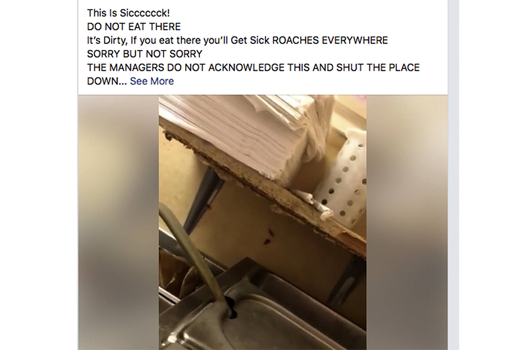 A screenshot of the Facebook post from Feb. 5 containing the video that allegedly showed roaches in the downtown Renton IHOP kitchen. The restaurant was inspected the next day at request of the owner and found to be clean and free of pests.