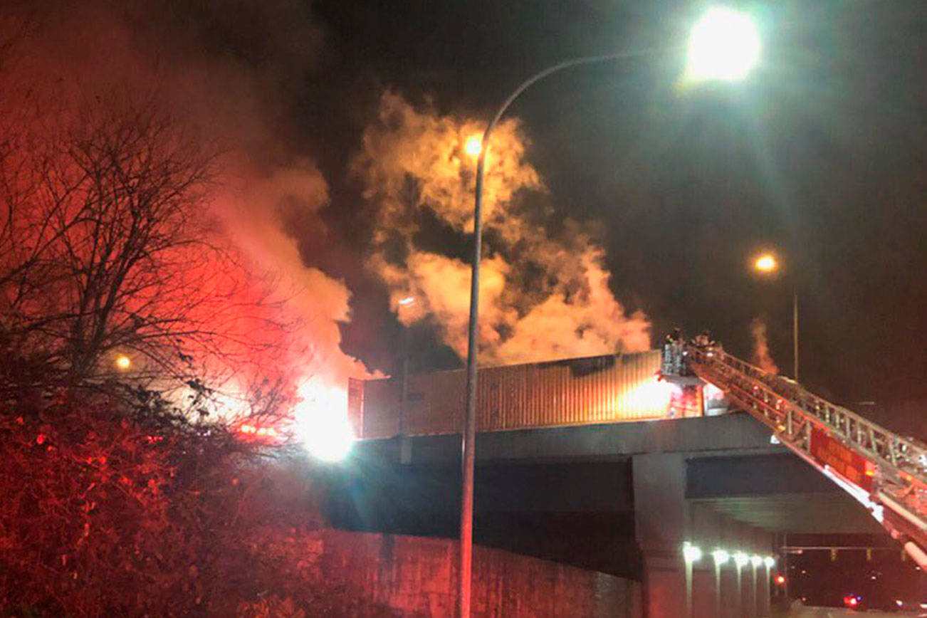 Photo courtesy of AIFF Local 864. Just before 7 p.m. on Saturday, Feb. 8 a five-vehicle collision on Interstate 405 (I-405) North between Renton and Tukwila halted evening traffic and caused an involved semi truck to catch fire.