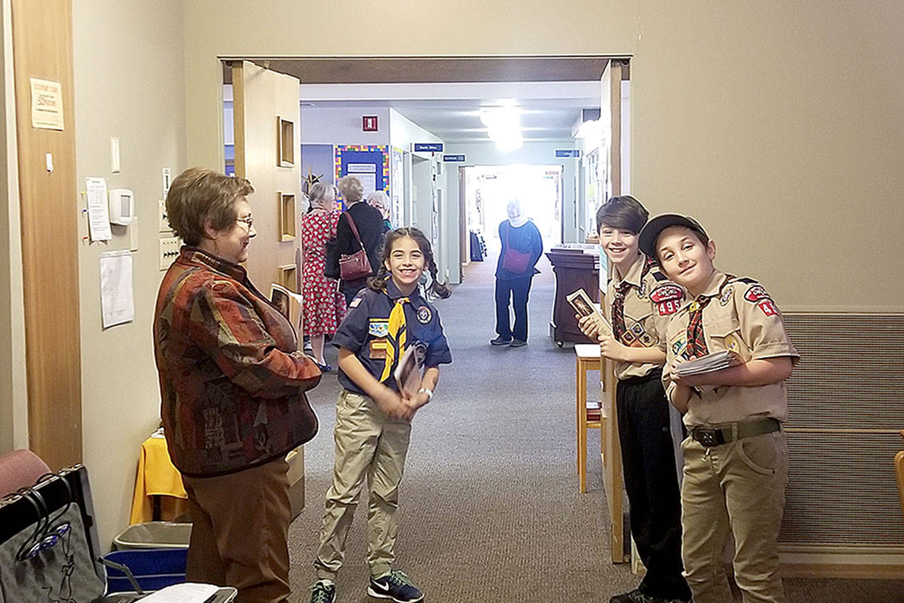 Local scouts greet attendants at the Renton First United Methodist Church on Sunday, Feb. 9, 2020. Photo courtesy of Patrick Montemerlo.
