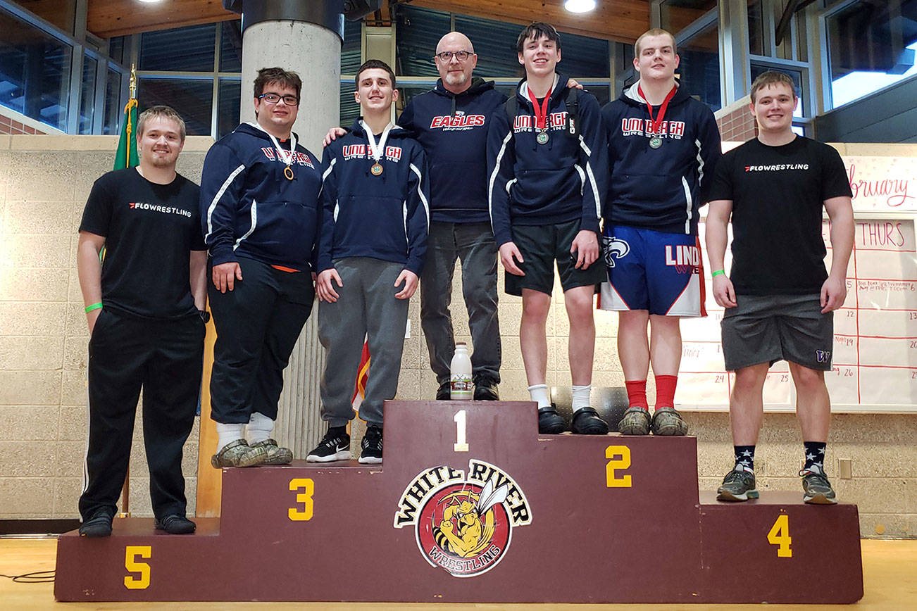 State Qualifiers & Coaches (left to right):Assistant Coach Colton Maddy, Matt Haines (3rd), Dmytro Hayday (3rd), Head Coach Mike Pine, Jeffrey Myers (2nd), Treavor Atkins (2nd), Assistant Coach Deven Maddy.                                 Photo by Vicki Maddy.