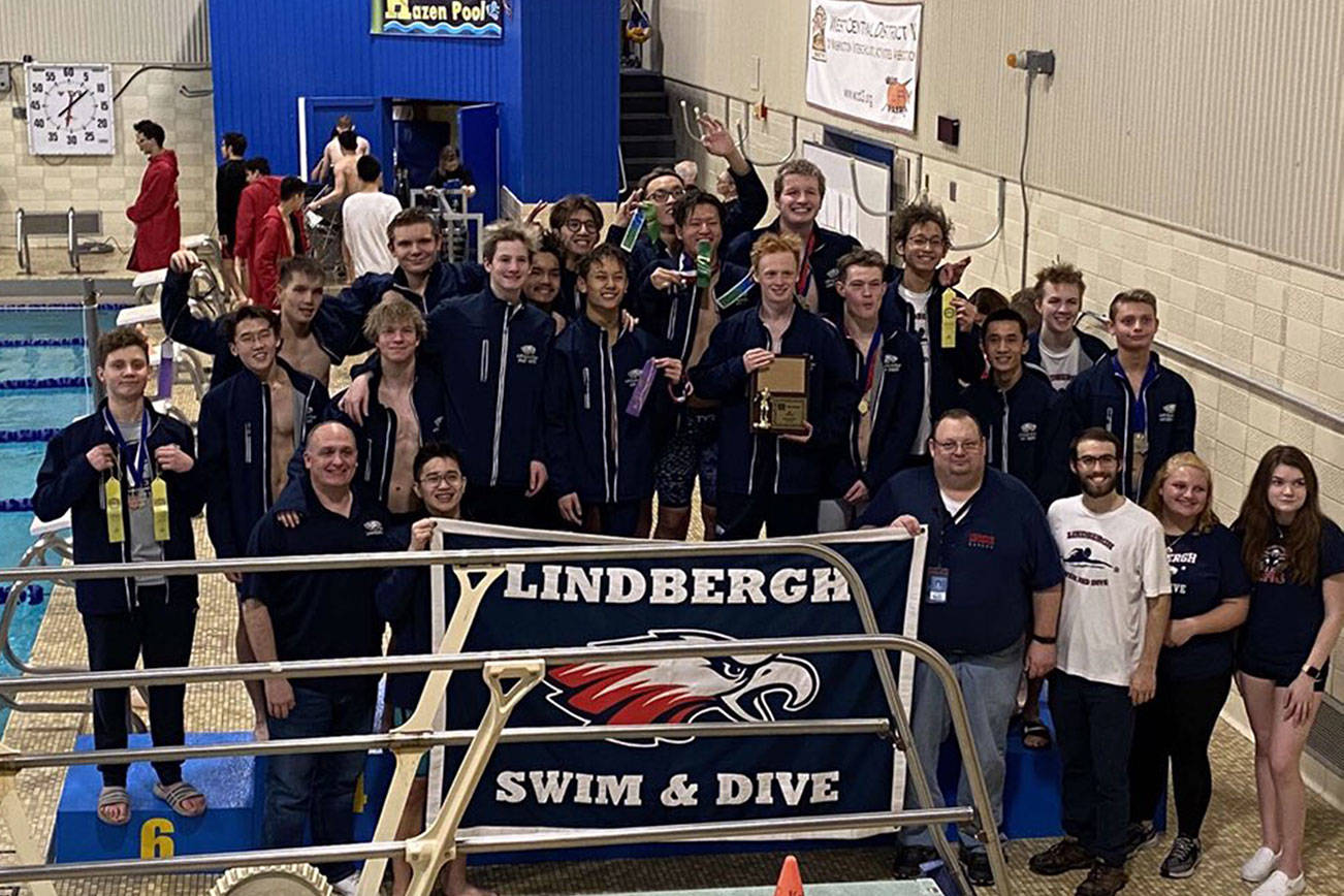 The Lindbergh boys swim team took home the 2A SPSL championship title on Feb. 8, 2020. Photo courtesy of Kayoka Bushaw.