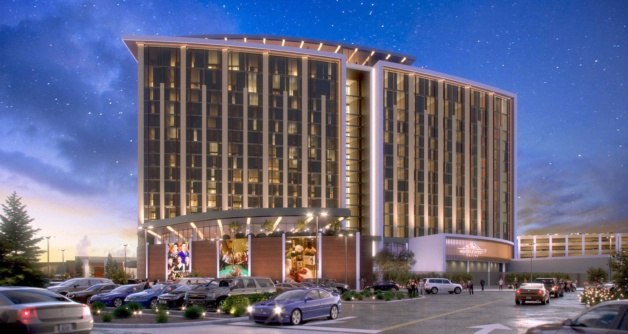 A rendering of what the Muckleshoot Indian Tribe’s new 18-story, 400-room hotel resort will look like when it is expected to open in 2021, next to its main casino in Auburn. COURTESY IMAGE, Tribe/Smarthouse Creative