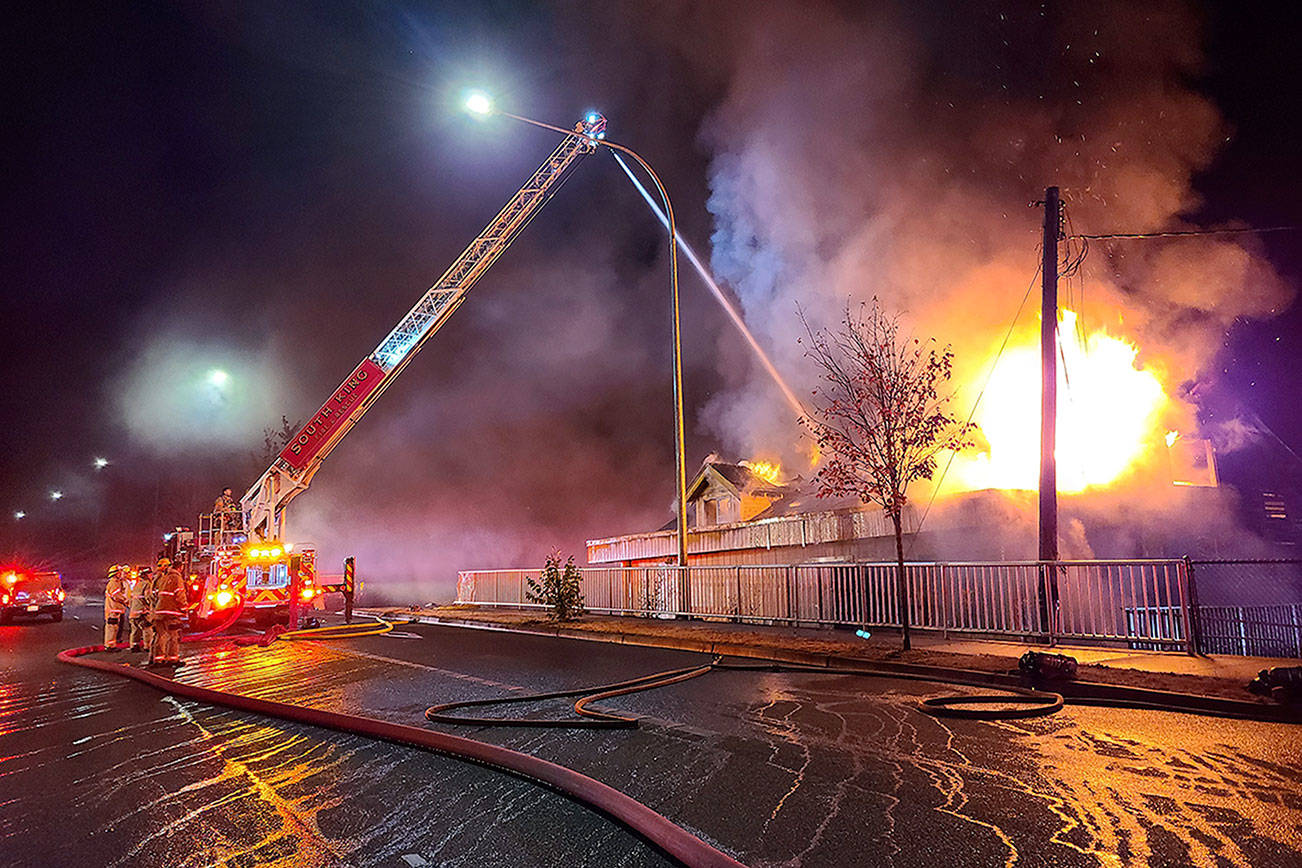 A vacant building that went up in flames Aug. 27 at the corner of Pacific Highway S. and S. 279th St. in Federal Way. Fire investigators declared the blaze to be an arson. Photo courtesy of South King Fire Commissioner Bill Fuller