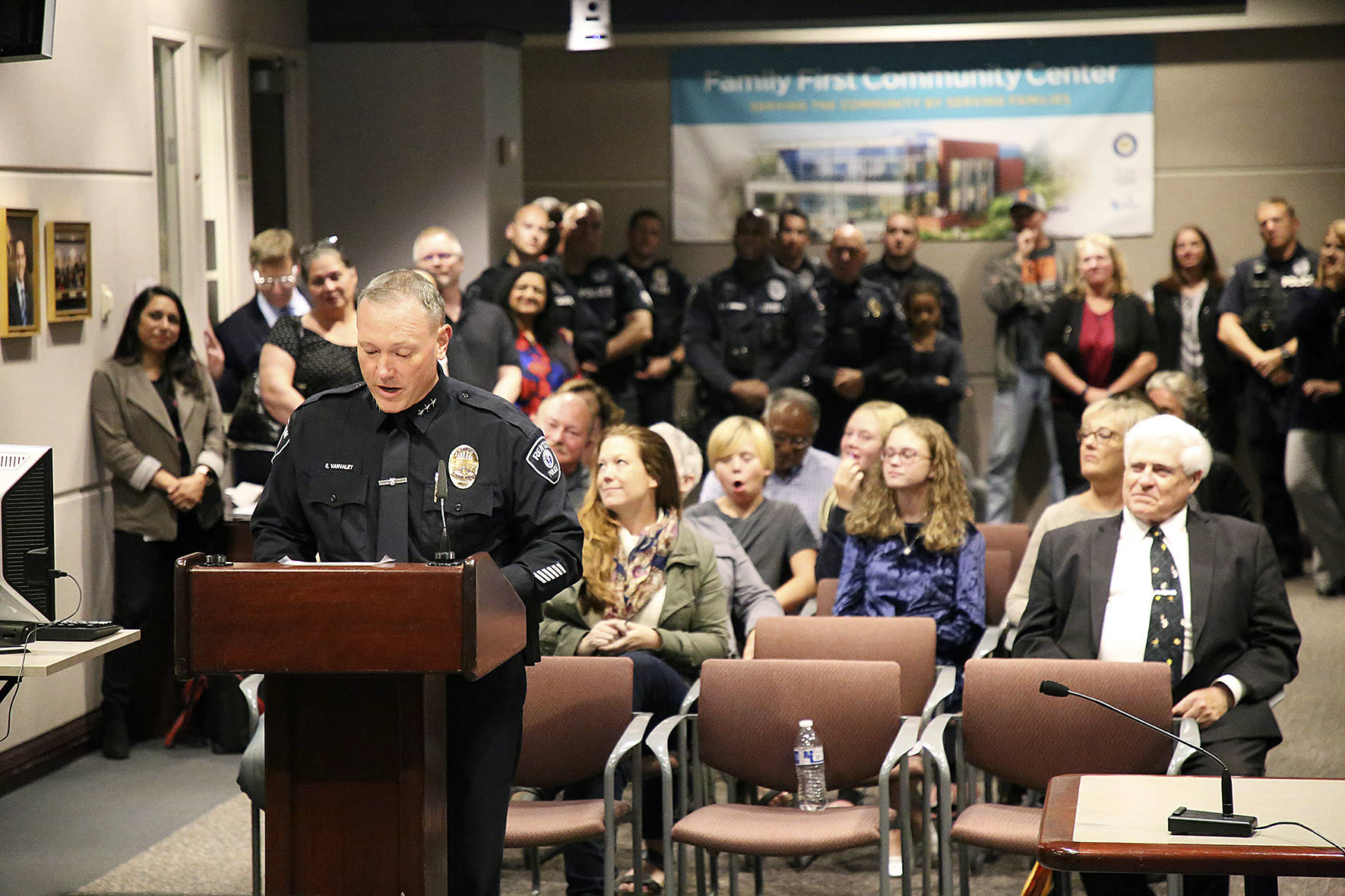 Police Chief Ed VanValey gives a speech at his swearing in. Photo by Ava Van, City of Renton.