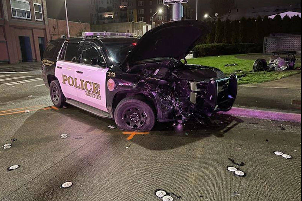 Police vehicle damaged after collision (Photo Credit: Renton Police Department)