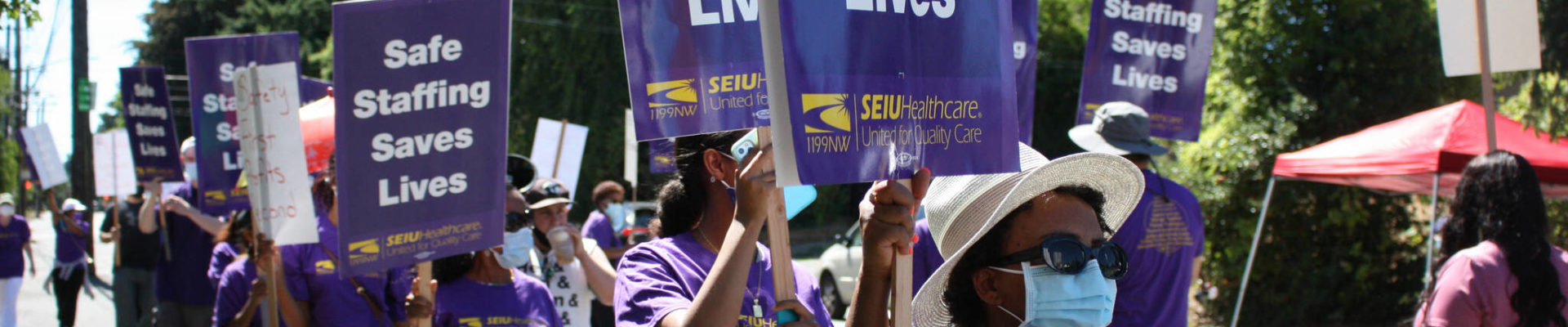 SEIU Healthcare 1199NW union workers hold a safety strike Aug. 11 after a violent patient left 11 employees injured. Photo by Cameron Sheppard/Sound Publishing.