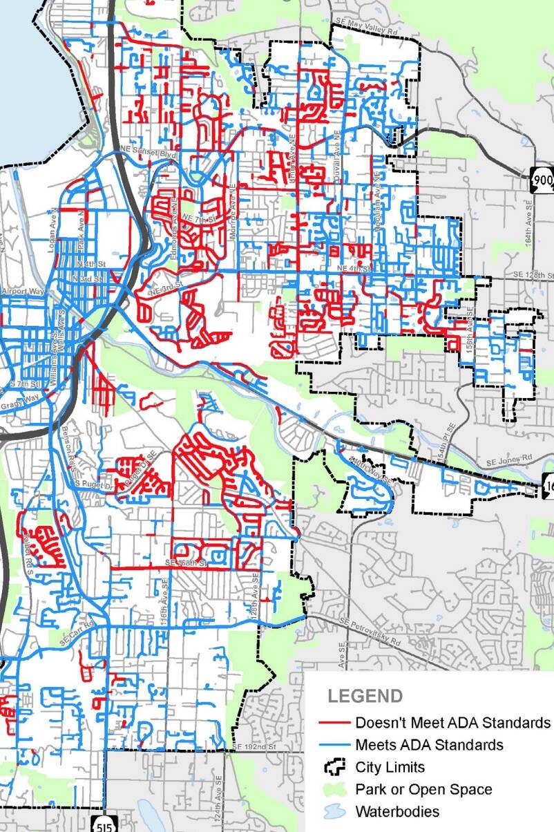 A map that identifies sidewalks that are not in compliance with Americans with Disabilities Act width standards (screenshot from Americans with Disabilities Act Self-Evaluation and Transition Plan)