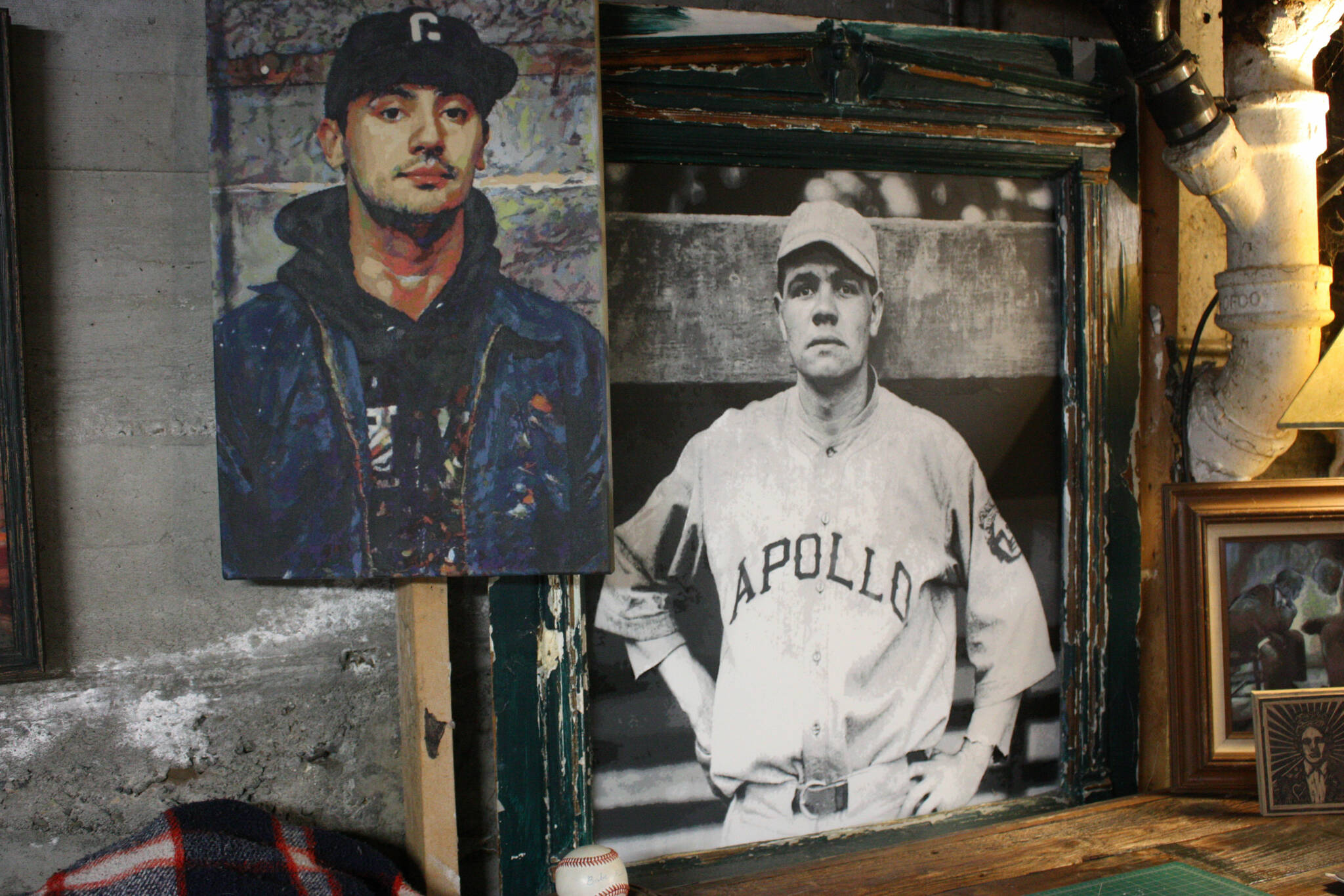 A self-portrait of Codd next to a portrait of a young Babe Ruth (photo by Cameron Sheppard)