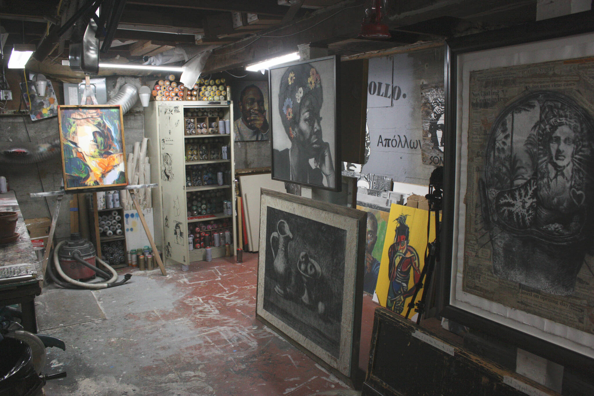 Codd’s basement studio filled with pieces he has created (photo by Cameron Sheppard)