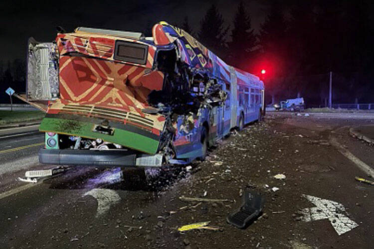Metro bus damaged during crash (screenshot from Renton Police Dept. Twitter account)