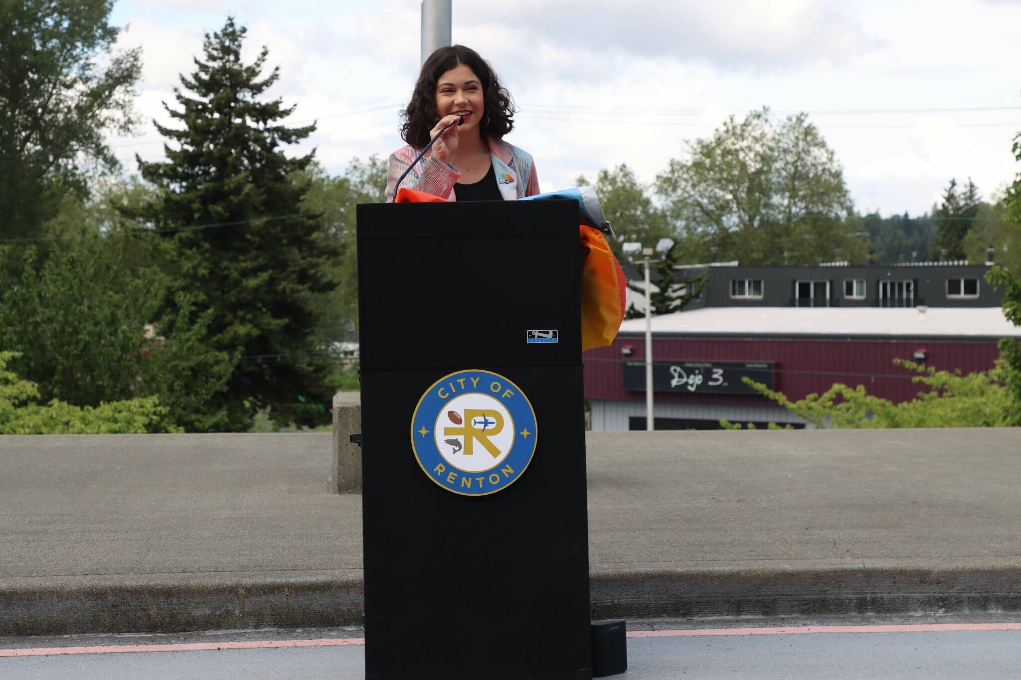Renton City Councilmember Carmen Rivera, the city’s first openly queer council member, gives a speech for LGBTQIA+ Pride Month. Photo courtesy of the City of Renton.