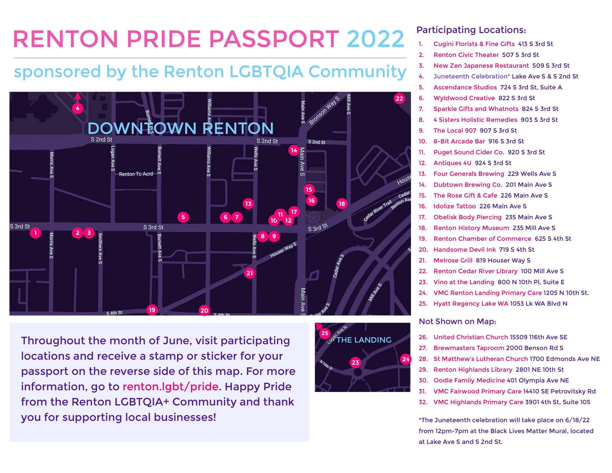 The Renton Pride Passport includes a map of all participating locations. Photo courtesy of Renton LGBTQIA+ Community.