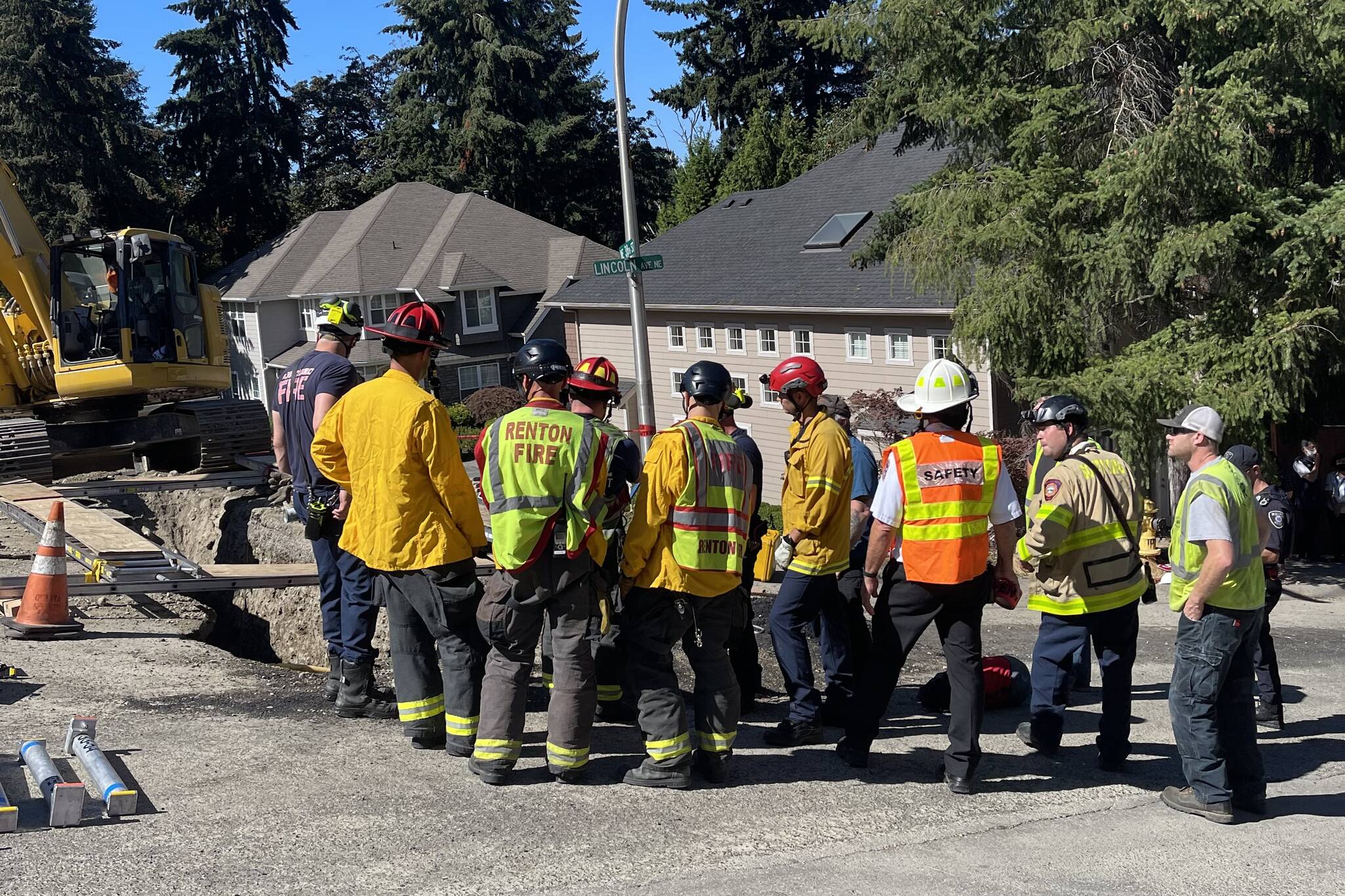 A photo that was tweeted out an hour after the accident was called in, shows Renton Regional Fire Authority, Puget Sound Fire, Tukwila Fire Department, and King County Medic One on the scene of the trench collapse. Photo courtesy of Renton Regional Fire Authority.