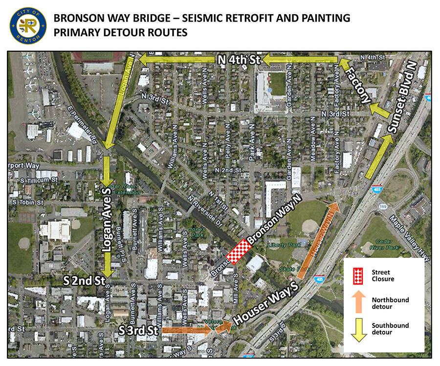Due to the Bronson Way bridge closure, drivers are encouraged to follow the detours detailed on this map. Image courtesy of the City of Renton.