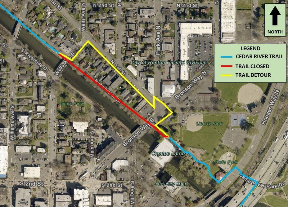 The Cedar River trail detour is required due to the temporary closure of North Riverside Drive between Bronson Way South and Wells Avenue, as shown on this map. Image courtesy of the City of Renton.