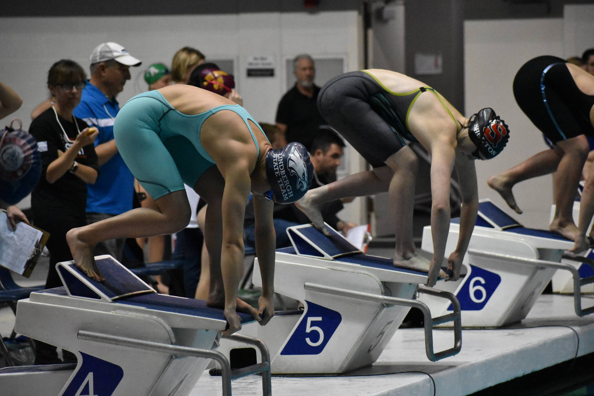 Lindbergh senior Caelee Truong preparing for her 50-yard freestyle race. Ben Ray/Sound Publishing