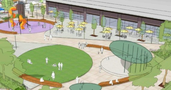 Screenshot from a report in the 2023-2025 Capital Budget Request Design rendering of the public square surrounding the renovated Pavilion Building.