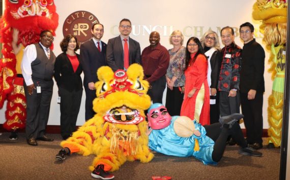 Renton City Council members pose with Lunar New Year dragons. (Courtesy of City of Renton)