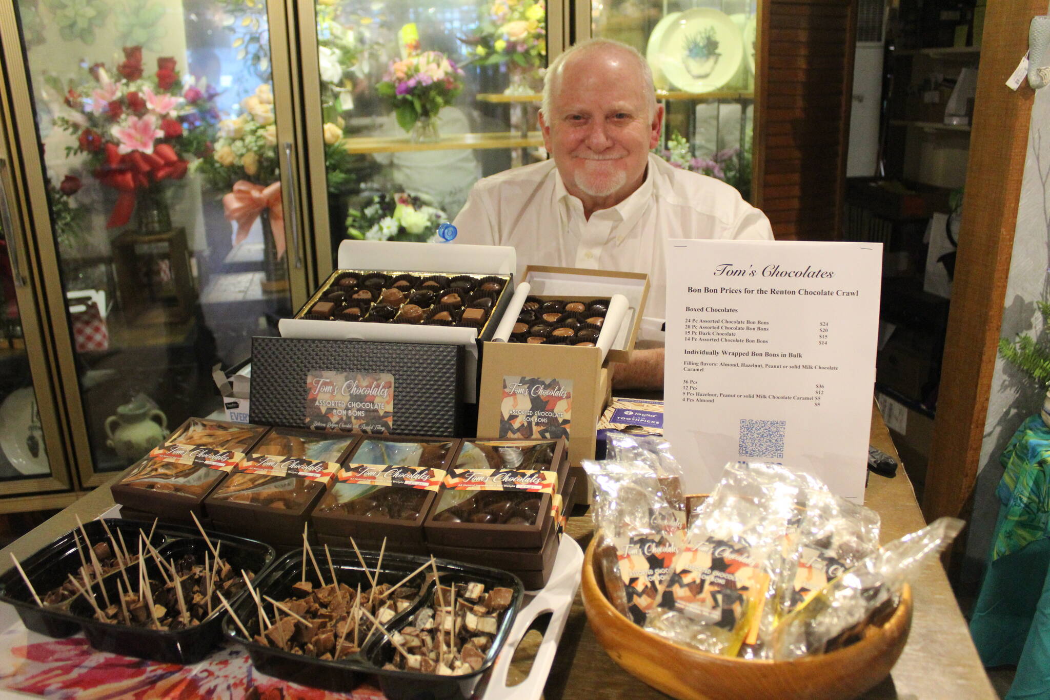 Tom of Tom’s Chocolates at Cugini Florists, the first stop of the Chocolate Crawl. Photo by Bailey Jo Josie/Sound Publishing.