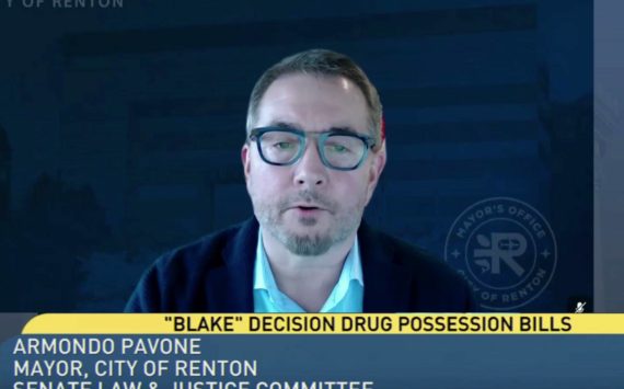 Renton Mayor Armondo Pavone testifies remotely at Feb. 6 Senate Law & Justice Committee hearing. (Screenshot from TVW stream)