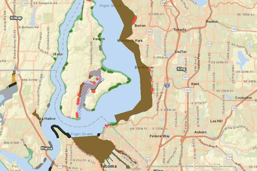 Brown areas indicate where shellfish harvesting is closed due to pollution. (Screenshot from Washington Shellfish Safety Map)