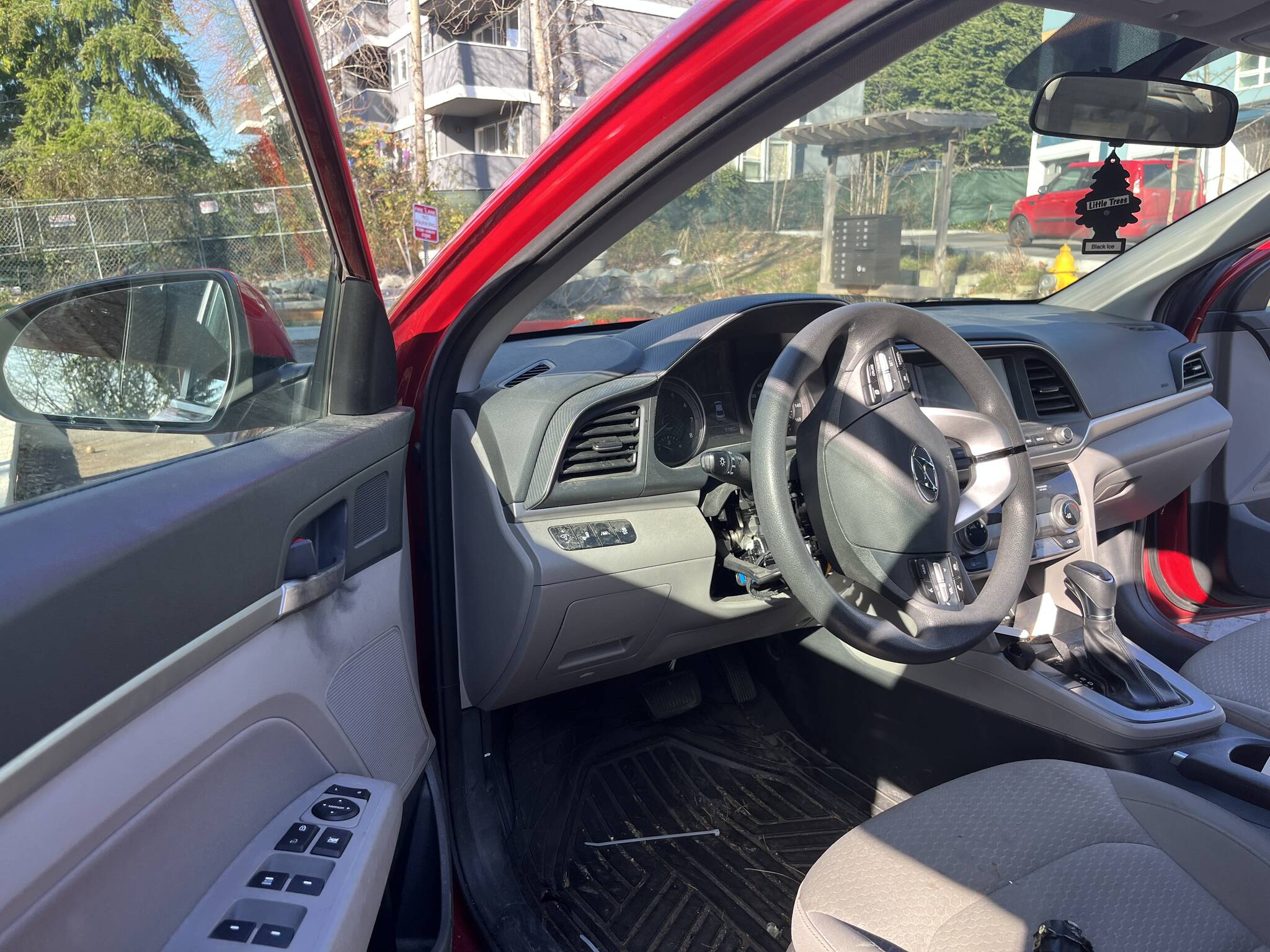 Damaged steering wheel column and ignition lock of Doug Lindquist's Hyundai Elantra. (Photo by Ben Leung/Renton Reporter)