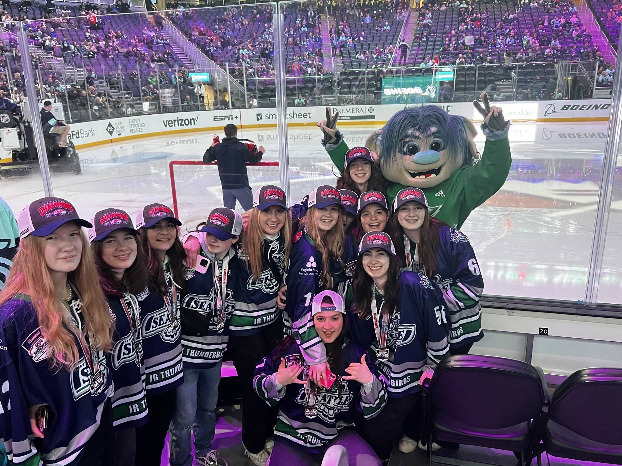 Photo courtesy of Jacqueline Connell
The Sno-King Junior Thunderbirds were special guests at a Kraken game after their championship win.