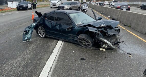 A stolen motor vehicle crashed southbound on Interstate 405 and 44th from Bellevue to Renton on April 18. (Courtesy of the Washington State Patrol)