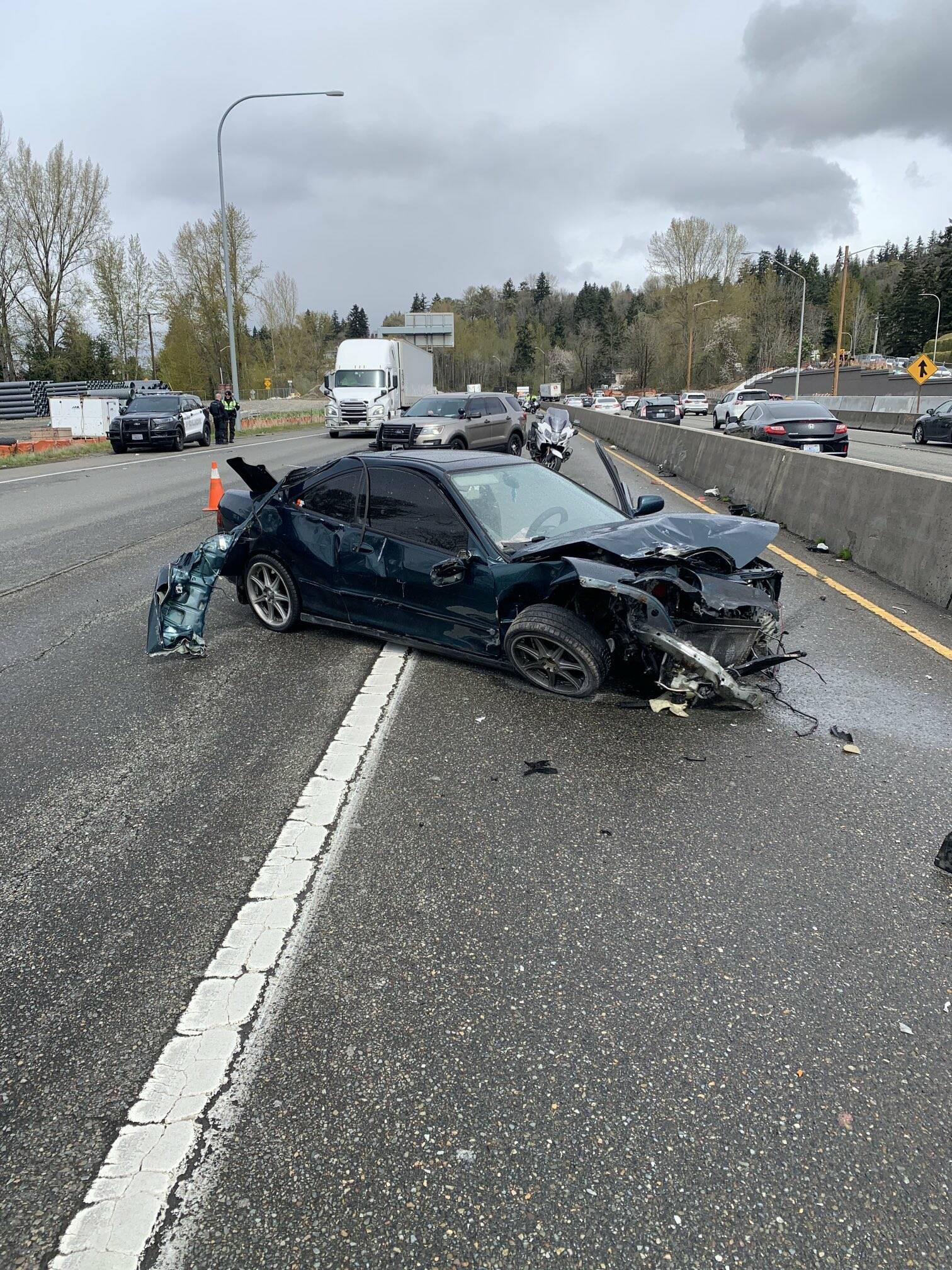 A stolen motor vehicle crashed southbound on Interstate 405 and 44th from Bellevue to Renton on April 18. (Courtesy of the Washington State Patrol)