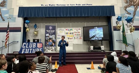 Retired NASA astronaut Captain Wendy Lawrence spoke to students at Bryn Mawr Elementary for Space Day Renton. Photo courtesy of Blue Origin.