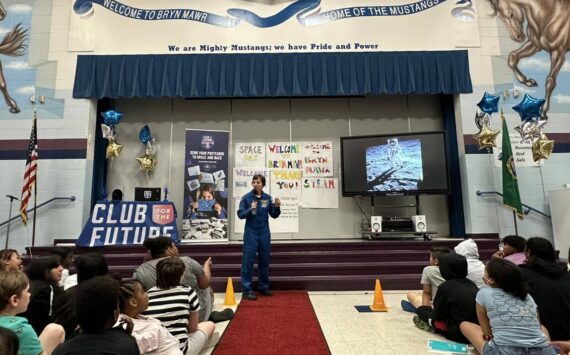 Retired NASA astronaut Captain Wendy Lawrence spoke to students at Bryn Mawr Elementary for Space Day Renton. Photo courtesy of Blue Origin.
