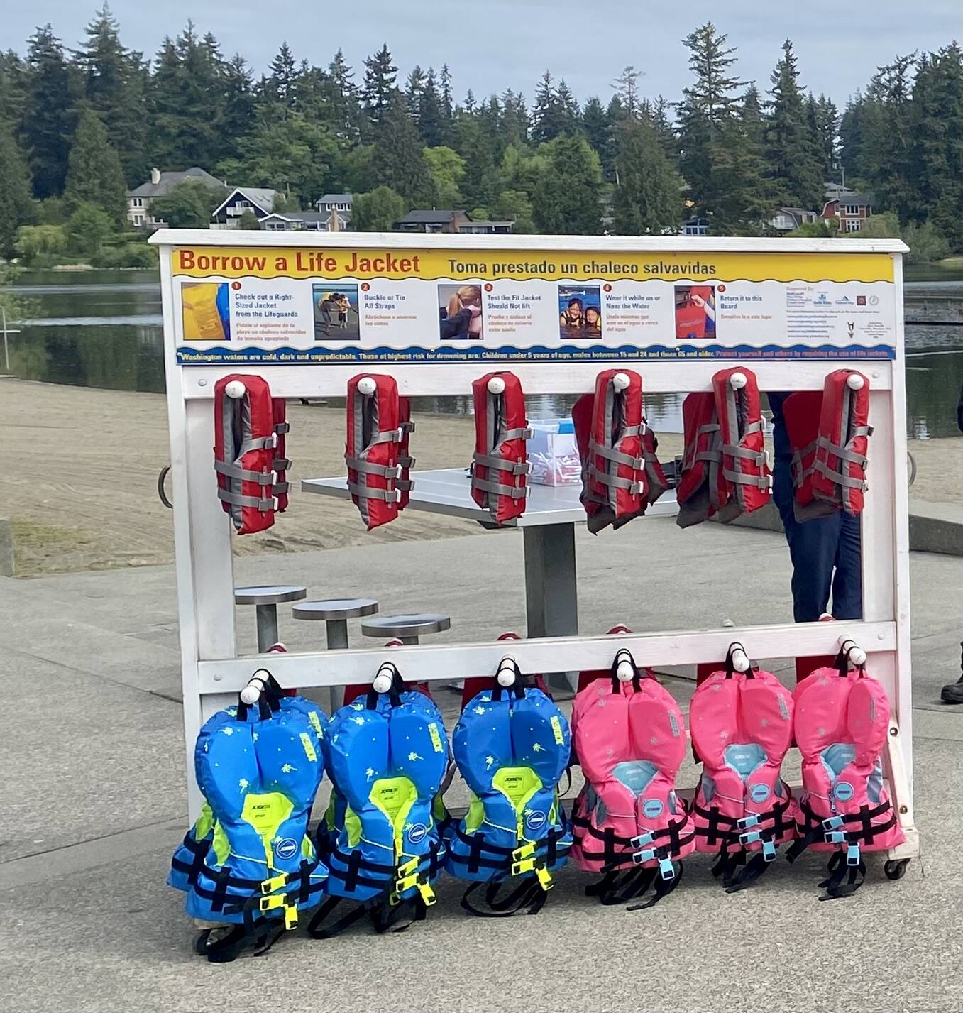This year, several agencies have partnered to provide a free collection of loaner life jackets for the public at Steel Lake Park. Olivia Sullivan / The Mirror