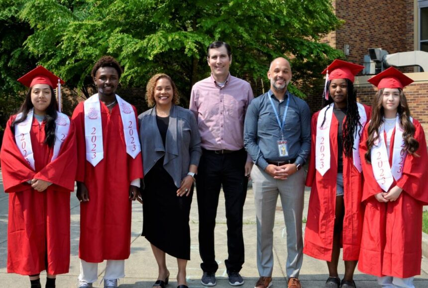 <p>Renton High School graduating seniors Yaxyry Lomeli, Dechae Hester, Jayden Huggins, and Liliana Urias will attend RTC and benefit from Renton Promise. They are pictured with RTC President Yoshiko Harden, Rep. Steve Bergquist, RSD Superintendent Damian Pattenaude. (Courtesy photo)</p>