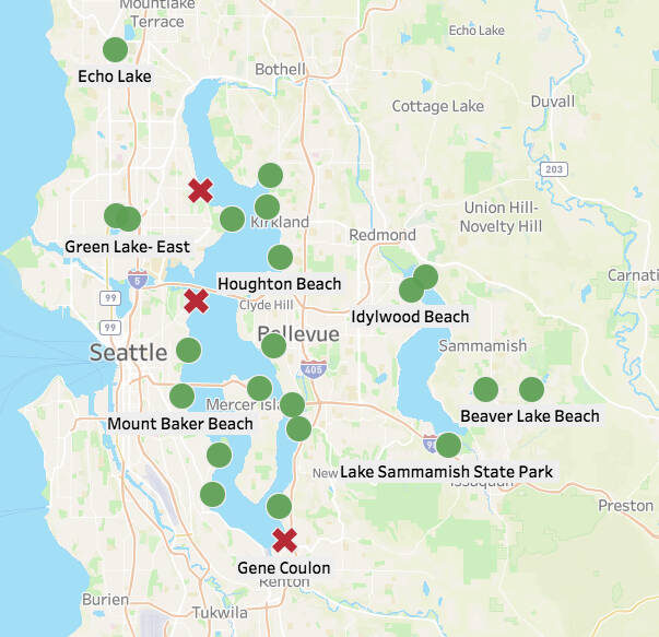 As of July 10, the bacteria levels at Gene Coulon Memorial Park, Madison Park Beach and Matthews Beach have been found to be too high and unsafe to swim in. Image courtesy of King County