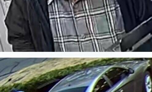 A news release from the Renton Police Department described the man as a 40- to 50-year-old Black man wearing a blue or black face mask, approximately 5 feet 6 inches to 8 inches in height, approximately 250 pounds, with “possible” scruffy facial hair. He possibly drives a 2011 to 2014 Dodge Charger with potential damage to the left rear passenger door. (Courtesy photos)