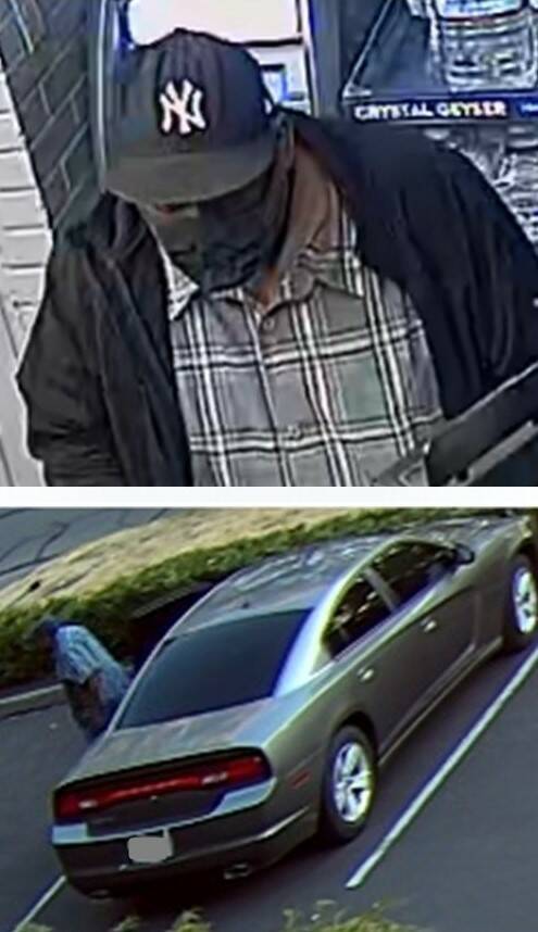 A news release from the Renton Police Department described the man as a 40- to 50-year-old Black man wearing a blue or black face mask, approximately 5 feet 6 inches to 8 inches in height, approximately 250 pounds, with “possible” scruffy facial hair. He possibly drives a 2011 to 2014 Dodge Charger with potential damage to the left rear passenger door. (Courtesy photos)