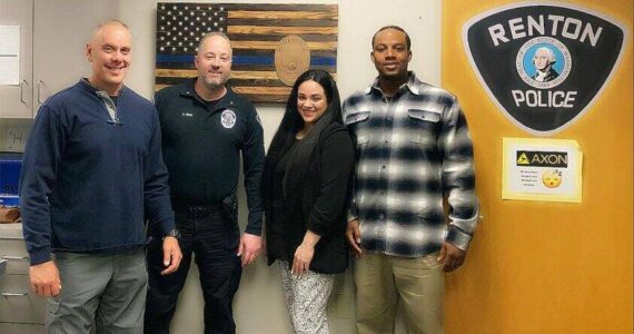 Photo courtesy of Project Be Free
Co-founders Katya Wojcik and Joel Thomas (left) of Project Be Free partnered with the Renton Police Department in April 2022.