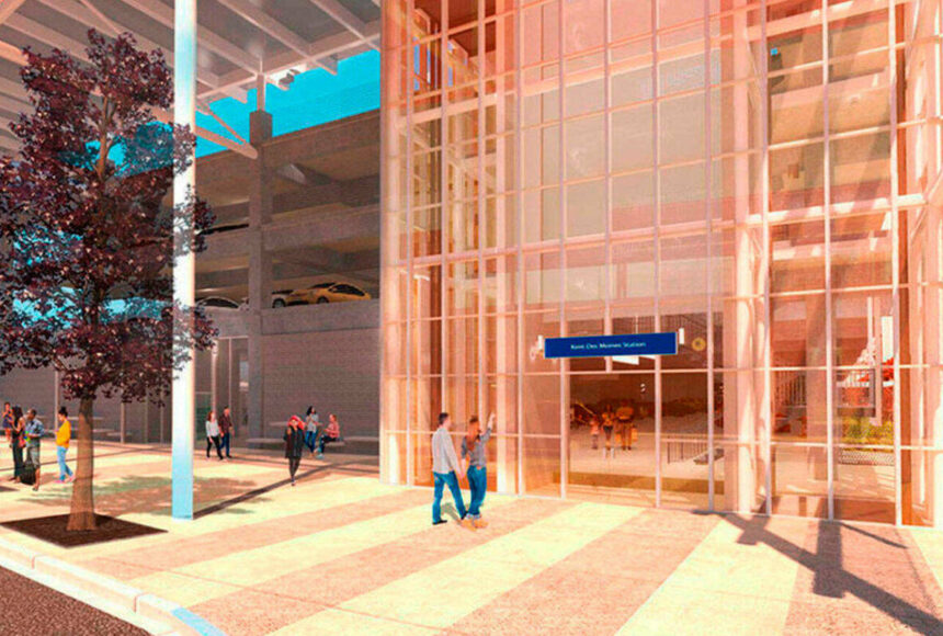 <p>A rendering of the new light rail station in Kent, near Pacific Highway South and 30th Avenue South, that will be called Kent Des Moines Station along the extension from SeaTac to Federal Way scheduled to open in 2026. COURTESY IMAGE, Sound Transit</p>
