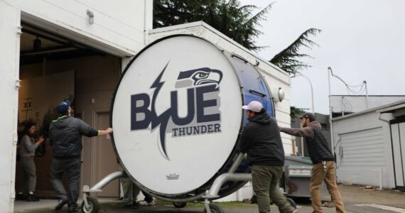Cameron Sheppard/Sound Publishing
The bass drum is wheeled into the Renton History Museum.